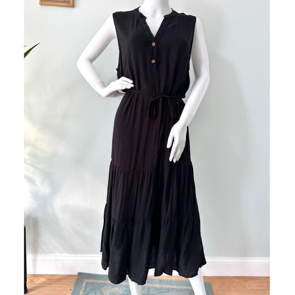 Saks Fifth Ave Sleeveless Black Tiered Midi Dress with Button Detail size Large - Picture 2 of 9